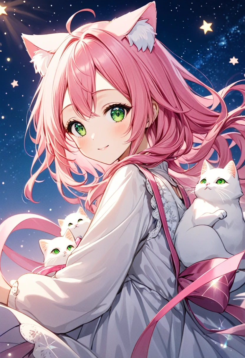 A beautiful anime girl with long, flowing pink hair and cat ears, dressed in a light, delicate outfit with pink ribbons. She has large, sparkling green eyes and a gentle, warm smile. She is accompanied by a cute, fluffy cat with matching green eyes. The background is a soft gradient of night sky with subtle stars, creating a magical and serene atmosphere. The overall scene is dreamy and enchanting, with a focus on the girl's charming and sweet appearance