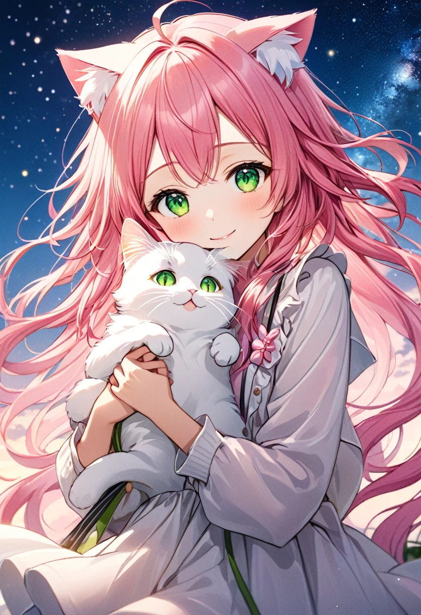 A beautiful anime girl with long, flowing pink hair and cat ears, dressed in a light, delicate outfit with pink ribbons. She has large, sparkling green eyes and a gentle, warm smile. She is accompanied by a cute, fluffy cat with matching green eyes. The background is a soft gradient of night sky with subtle stars, creating a magical and serene atmosphere. The overall scene is dreamy and enchanting, with a focus on the girl's charming and sweet appearance