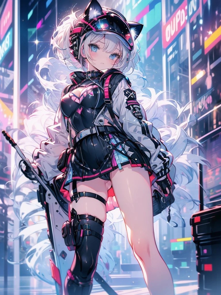 highest quality, masterpiece, long eyelashes, blue eyes punk girl, Dressed in punk clothes, super mini skirt, Sparkling, big breasts, Cat ear, white hair, spread legs
