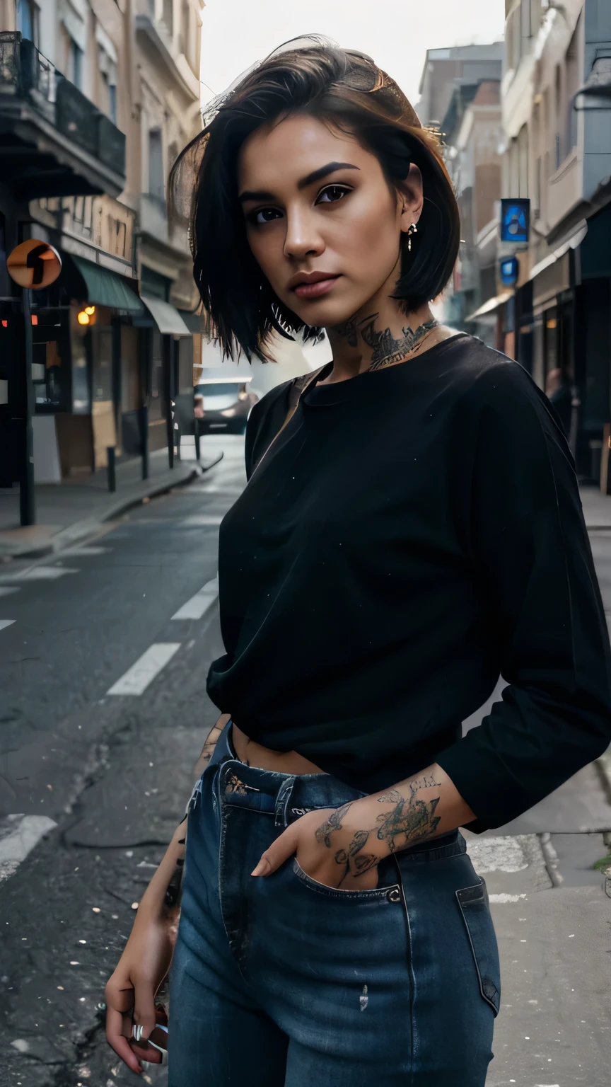 a woman with light brown skin, short black hair, earrings, visible tattoos on her body, wearing a loose black shirt, blue jeans, standing on a sunny street, dirty street, emo style, (best quality,4k,8k,highres,masterpiece:1.2),ultra-detailed,(realistic,photorealistic,photo-realistic:1.37),extremely detailed eyes and face,beautiful detailed eyes,beautiful detailed lips,longeyelashes,street photography,gritty,moody,cinematic lighting