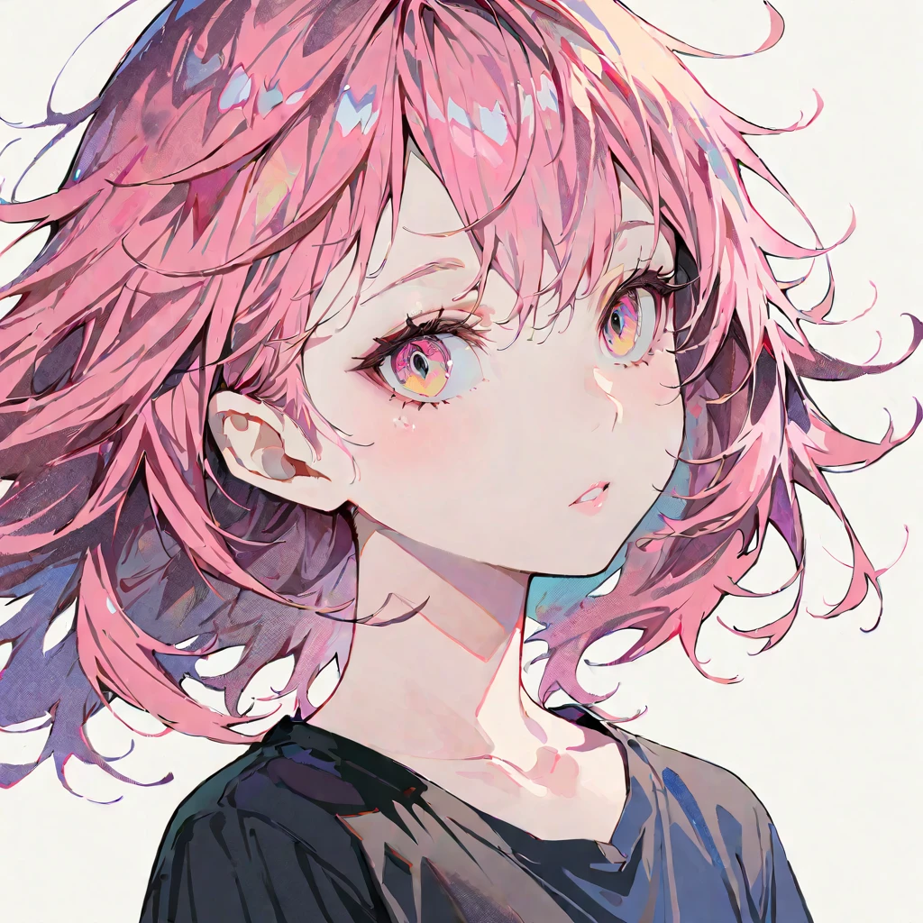 (masterpiece),(best quality:1.1),(Super detailed),Best Illustration,fine details,(portrait:1.1),(intense close-up),watercolor painting)floating,1 girl,alone,,Slim,(Detailed beautiful eyes),thick pink lips,(disheveled hair),(Wearing a black loose T-shirt),Soft and lazy,(Simple background:1.2)pink hair,Clear,4K
