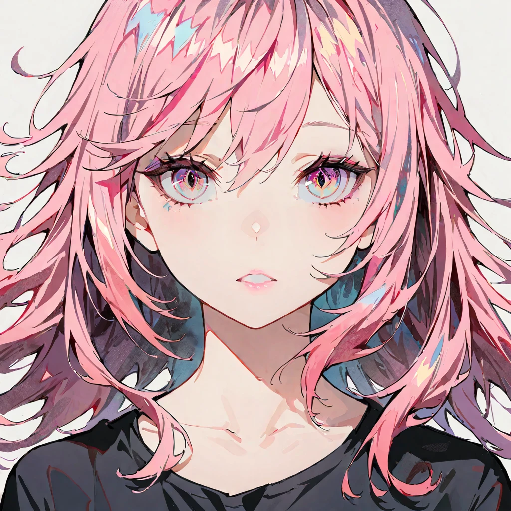(masterpiece),(best quality:1.1),(Super detailed),Best Illustration,fine details,(portrait:1.1),(intense close-up),watercolor painting)floating,1 girl,alone,13 years old,Slim,(Detailed beautiful eyes),thick pink lips,(disheveled hair),(Wearing a black loose T-shirt),Soft and lazy,(Simple background:1.2)pink hair,Clear,4K