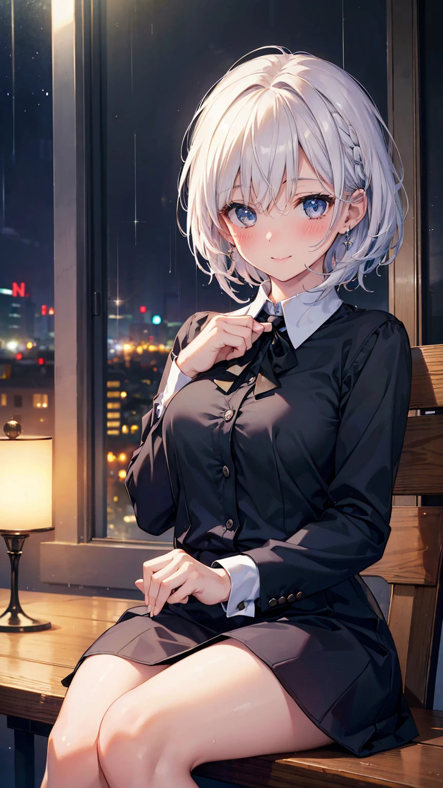 (8K, best quality, masterpiece: 1.2), (actual, Realistic: 1.37), Super detailed, 1 girl, Lovely, alone, Beautiful and detailed sky, Detail of cafe, night, sitting, date, ( nose blushing), (Smile: 1.15), (Shut up) Small Breasts, Beautiful details, (Collared shirt: 1.1), night, wet, Professional attire, rain, White lace, (short hair: 1.2), Flowing HairNovaFrogStyle,