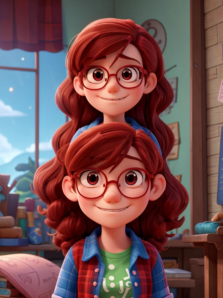 Wendy Corduroy is a character from the cartoon "Gravity Falls". She is a -yeld teorks at the Mystery Shack, a museum of curiosities run by Stan Pines. Wendy is known for her laid-back and friendly personality, and is often seen as the "cool" one of the group. She is a great friend of Dipper and Mabel Pines, the protagonists of the series, and often accompanies them on their supernatural adventures. Physically, Wendy is tall and slender, with long curly red hair. red rectangular glasses, She usually wears a green flannel shirt, jeans