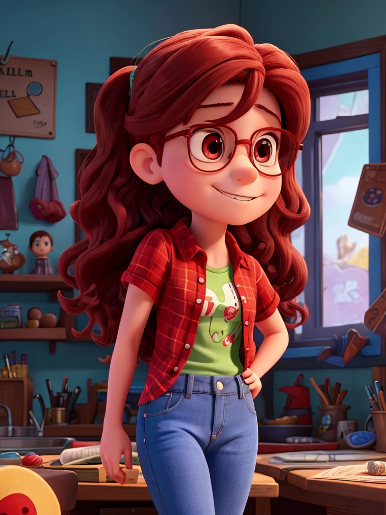 Wendy Corduroy is a character from the cartoon "Gravity Falls". She is a 15-year-old teenager who works at the Mystery Shack, a museum of curiosities run by Stan Pines. Wendy is known for her laid-back and friendly personality, and is often seen as the "cool" one of the group. She is a great friend of Dipper and Mabel Pines, the protagonists of the series, and often accompanies them on their supernatural adventures. Physically, Wendy is tall and slender, with long curly red hair. red rectangular glasses, She usually wears a green flannel shirt, jeans