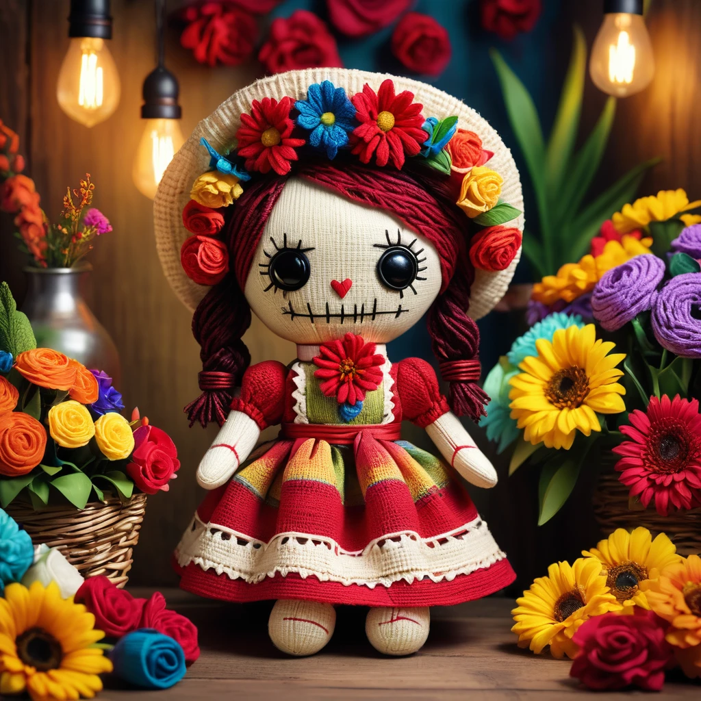 (knitted toy voodoo doll:1.2), (Voodoo Florist:1.3), (Clothing Light summer clothes, apron, hat:1.0), (background Flower shop, colorful bouquets, flower aromas:1.2), best quality, masterpiece, detailed soft oil painting, detailed background, dramatic cinematic lighting, soft edge lighting, professional, dramatic lighting, hard edge lighting, ultra quality, 4k, masterpiece, best quality, 8k, ultra high definition, high resolution, extremely detailed