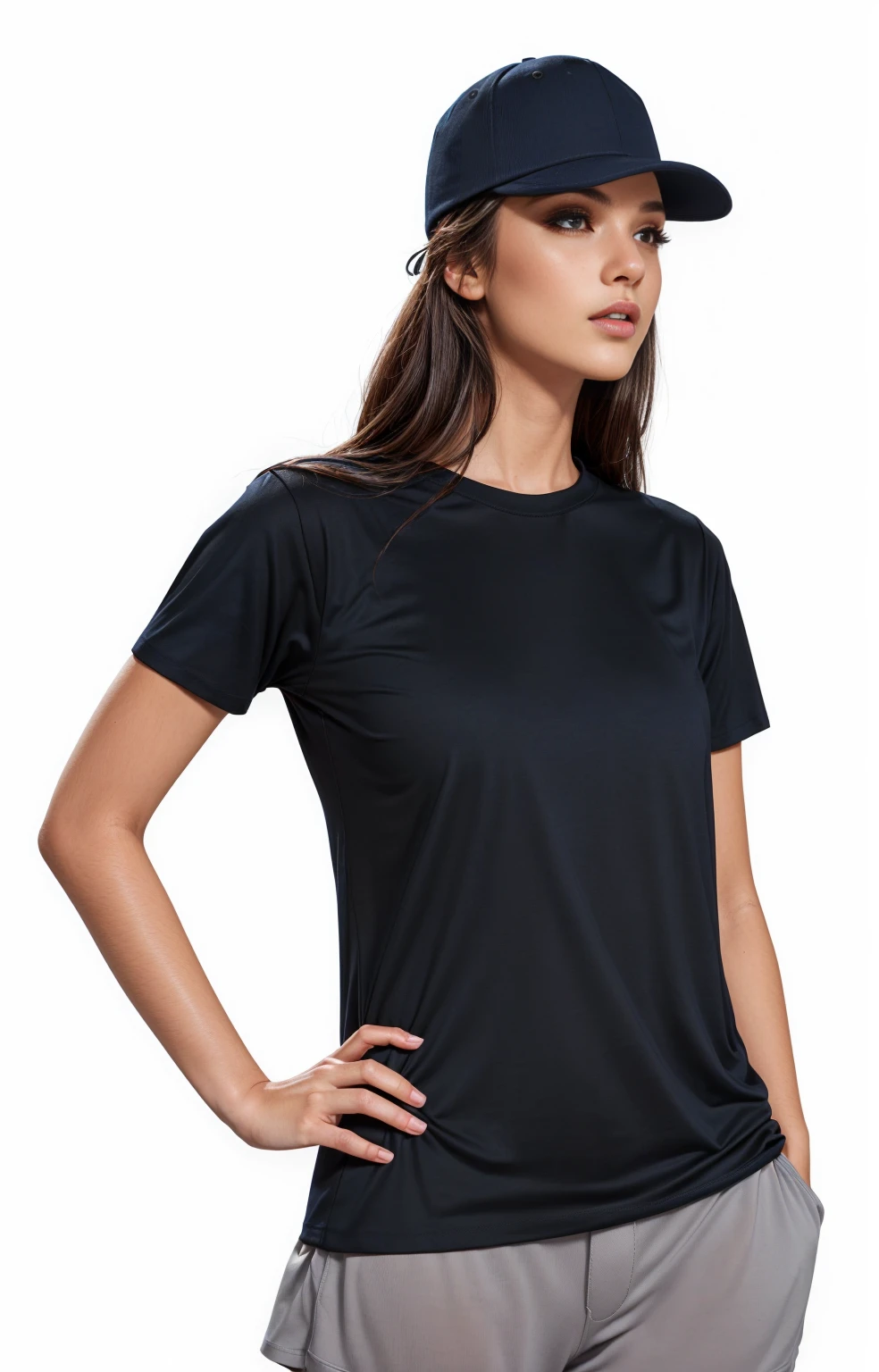 arafed woman in a black jersey and a black hat, wearing a black tee, black tee, vestindo uma black tee, vestindo black tee, wearing a black jersey, wearing a navy blue cap, black tee, black tee, black jersey, with black hat on head, full product shot, black hat