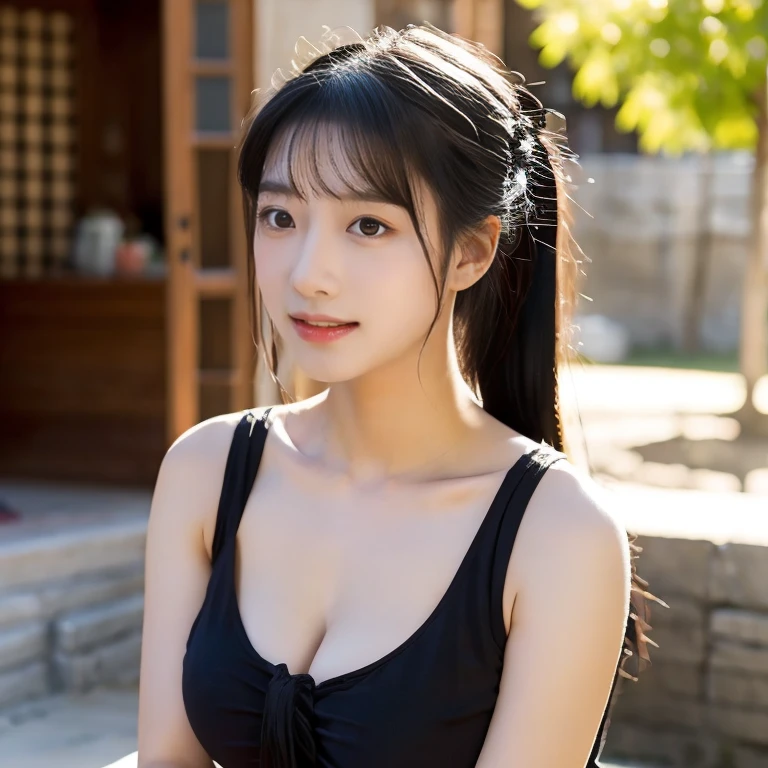 Draw a picture of a young Asian woman with black hair tied back, wearing a revealing black tank top, sitting outside a traditional house. She has a big black dragon head tattoo on her chest, big breasts, showing a bold and confident style. Her expression showed a slightly teasing attitude.