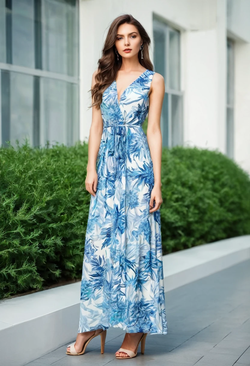 Beautiful attractive woman , stand up, modern summer style ,full-length , chic dress