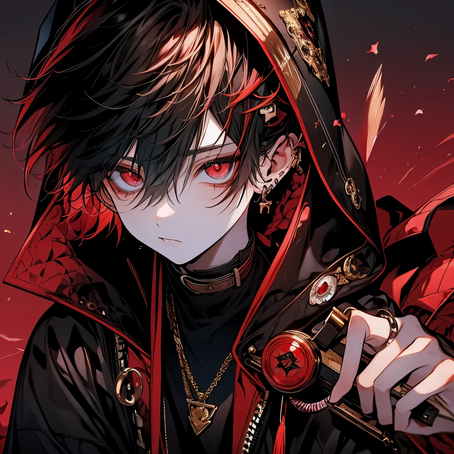 (muste piece), (best quality), very detailed, ((1 boy)), solo upper body focus,perfect face, beautiful face, very detailed顔,(brown haired boy:1.3),(red eyes:1.3),chocolate,Valentine,ribbon,heart,Light,smile,long eyelashes,頬にheartマーク,溶けたchocolate,Eat chocolate