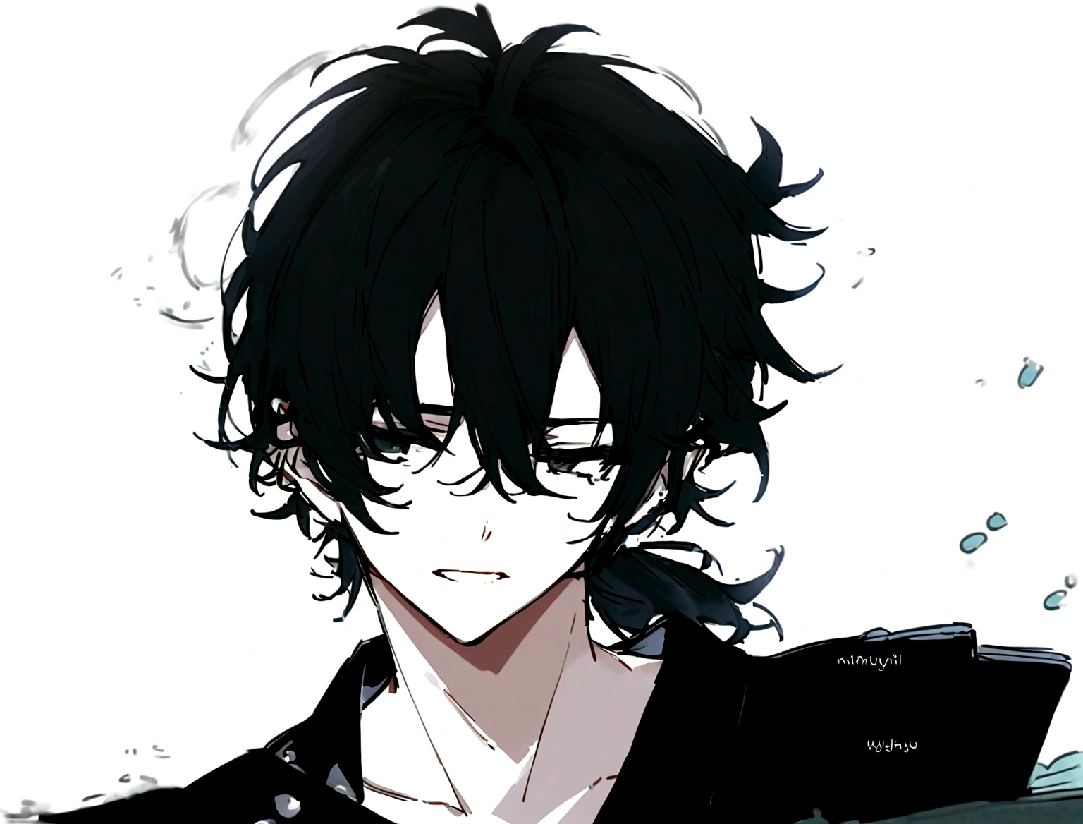 A handsome young man with long brown hair wearing an ancient Japanese robe with a unique design of waves of water and clouds with a slight modern touch,a katana hanging on his waist,the young man has long black hair,his messy hair tied in a ponytail He has a black panters ears and tail