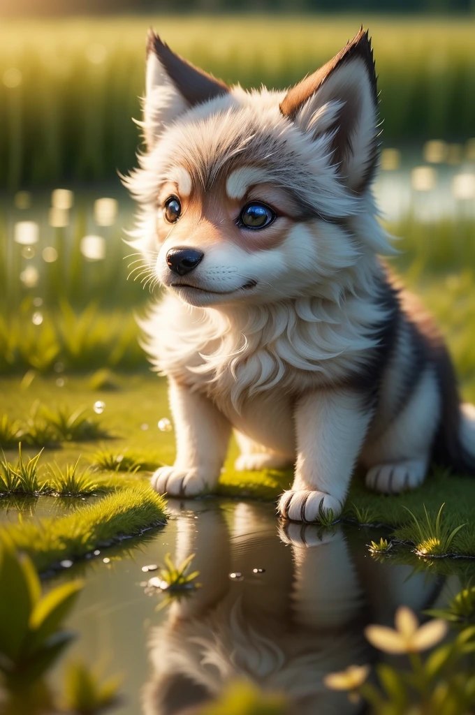Early morning atmosphere, beautiful natural landscape, thick grass, macro photography in the grass, dew drops with reflection, macro photography of a cute baby wolf, macro photography