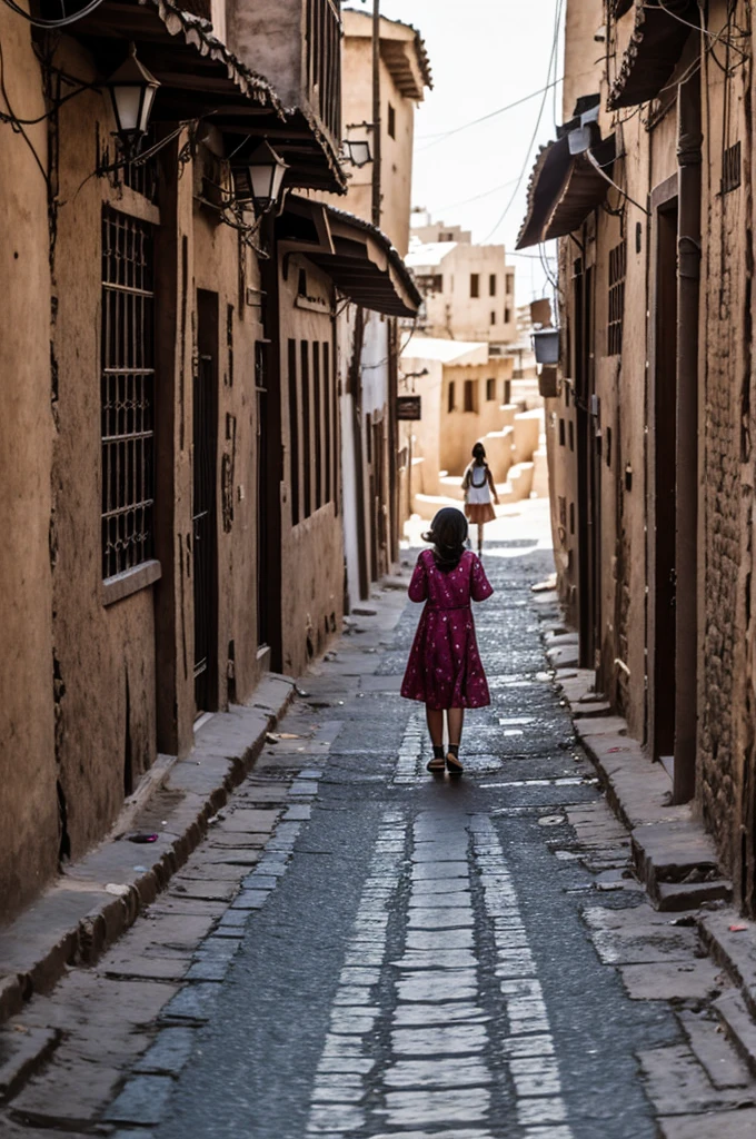 A teenage girl walking in the streets of old Sanaa