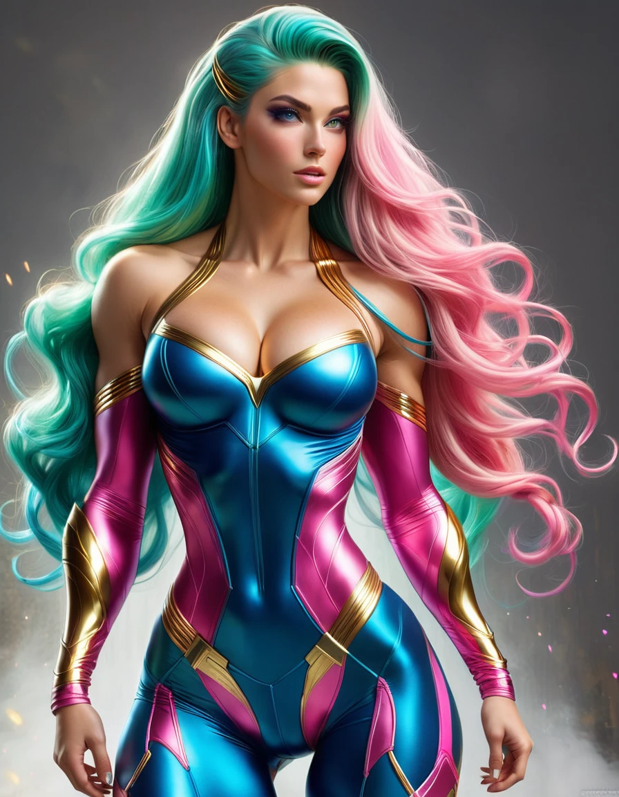 GORGEOUS superhero WOMAN , TALL WOMAN BODY, TALL WOMAN, STRONG CURVY ATHLETIC BODY, MUSCLES, BLUE PINK COSTUME, THONG BODYSUIT, GOLD DETAILS, EXPOSED GORGEOUS THIGHS, SWEATY GLUTES, STRONG GLUTES, GOLD TENIS, GOLD GAUNTLETS, HUGE LONG BLUE GREEN PINK HAIR, HAIR, BRAIDED HAIR STYLE, EXPRESSIVE LIGHT GRAY EYES, HIGH CHEEKBONE, ROSY CHEEKS, STRAPLESS BODYSUIT, FULL BODY PERSPECTIVE, SIDE BODY VIEW, WAR CENARY, SENSUALITY, MITHOLOGY, MASTERPIECE