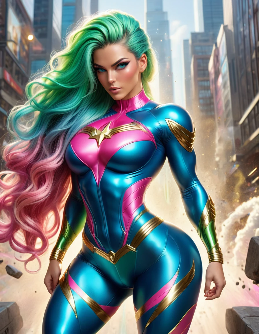 GORGEOUS superhero WOMAN , TALL WOMAN BODY, TALL WOMAN, STRONG CURVY ATHLETIC BODY, MUSCLES, BLUE PINK COSTUME, THONG BODYSUIT, GOLD DETAILS, EXPOSED GORGEOUS THIGHS, SWEATY GLUTES, STRONG GLUTES, GOLD TENIS, GOLD GAUNTLETS, HUGE LONG BLUE GREEN PINK HAIR,  HAIR, BRAIDED HAIR STYLE, EXPRESSIVE LIGHT GRAY EYES, HIGH CHEEKBONE, ROSY CHEEKS, STRAPLESS BODYSUIT, FULL BODY PERSPECTIVE, SIDE BODY VIEW, WAR CENARY, SENSUALITY, MITHOLOGY, MASTERPIECE