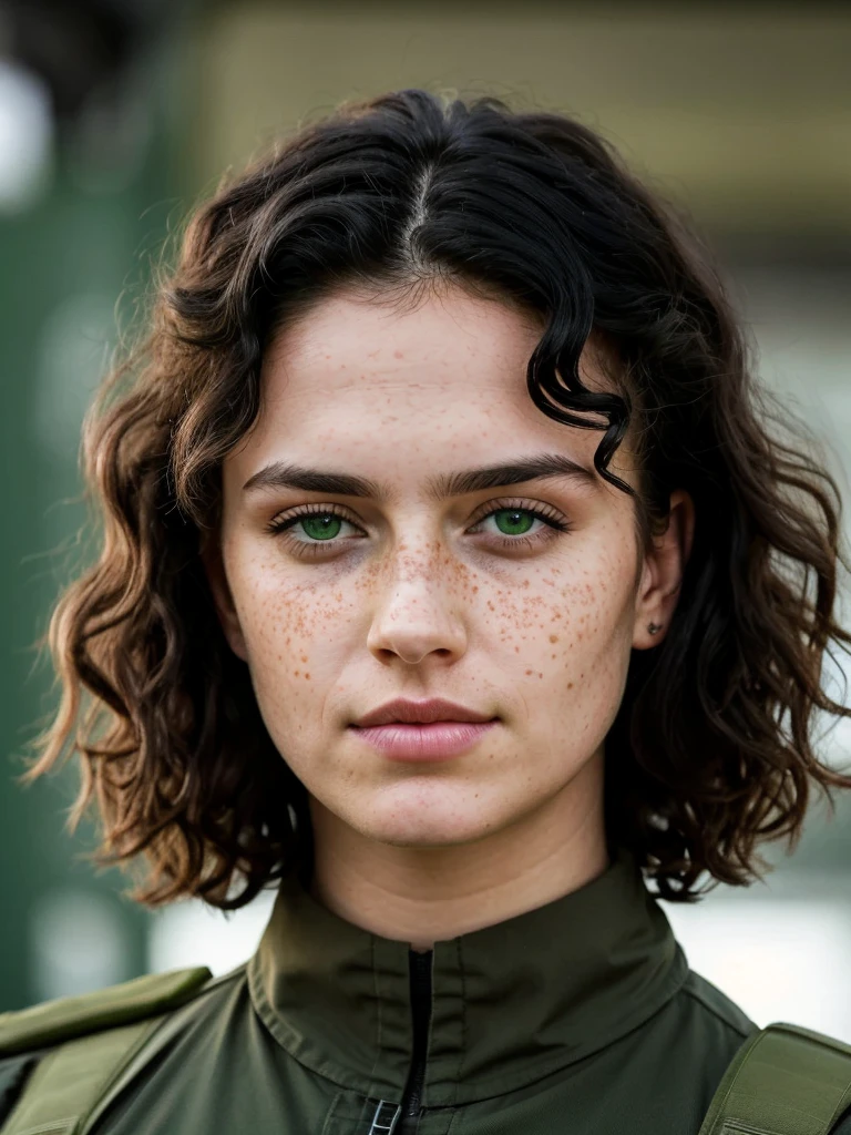 1womanl, curly and messy black hair long, clear green eyes, freckles, Bullish, series, stark, no smile, Russian, soldier, automatic, aparência madura e series, call of duty, pele palida