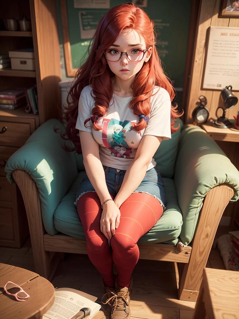 1girl, solo, full body, (masterpiece:1.21), (best quality:1.2), colorful, (illustration:1.2), (cinematic lighting:1.1), (spread legs:1.3), nightgown,  genitalia exposed , , ginger, red hair, freakled face, pigtails, bangs, sweating, smiling, in a fancy bedroom, holding a Ted bear , glasses,