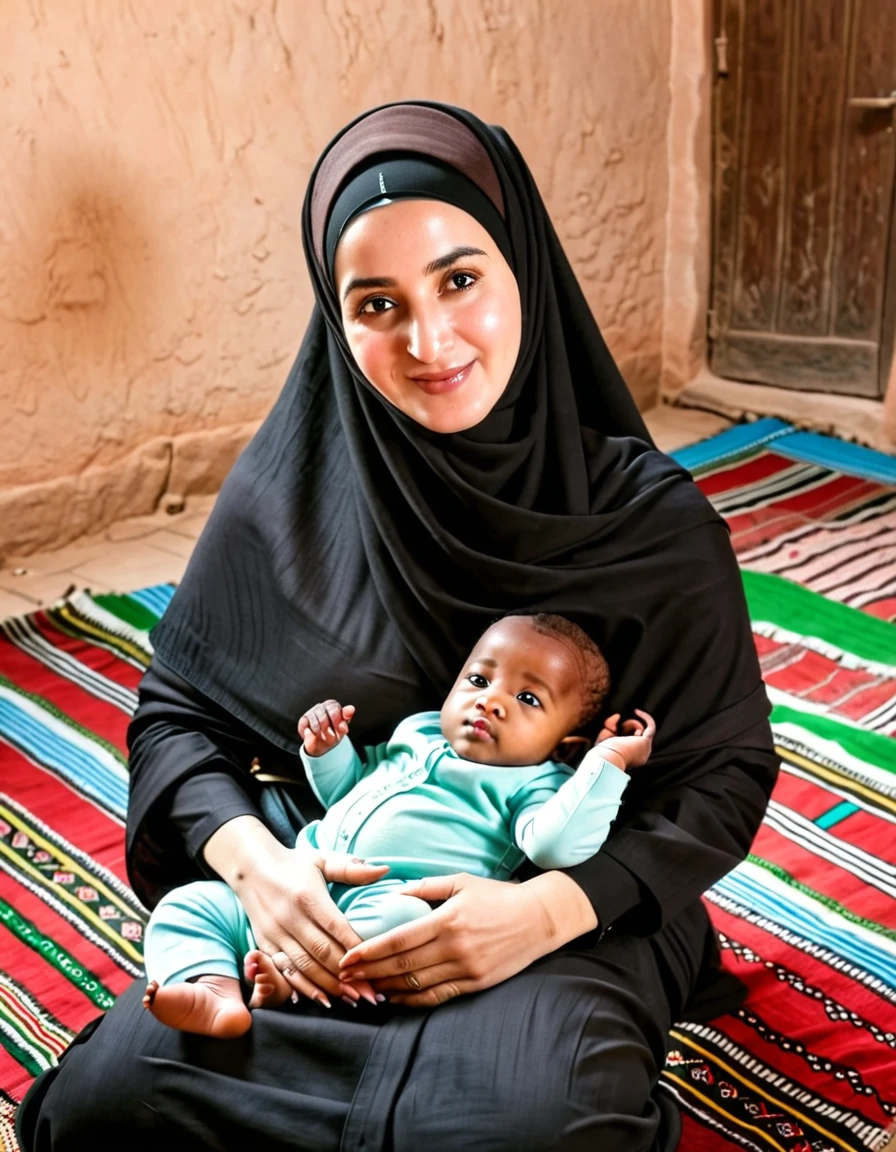 Pale skin Kurdish woman in hijab embracing her ebony African  sitting in village room view from up 