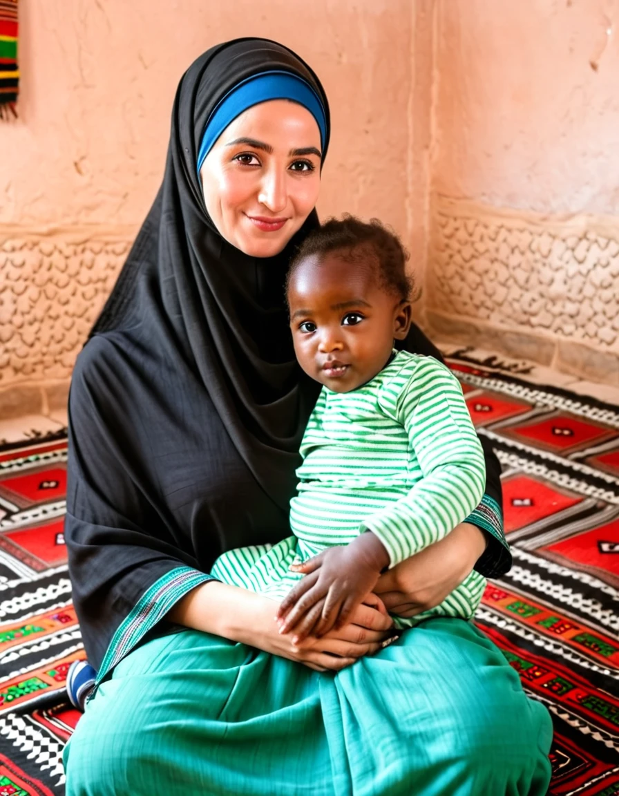 Pale skin Kurdish woman in hijab embracing her ebony African sitting in village room view from up
