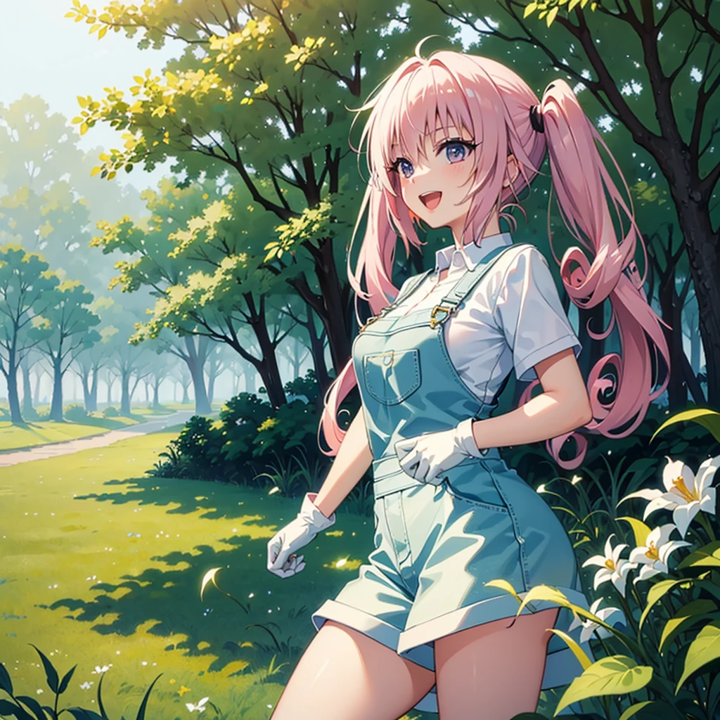 (masterpiece, best quality, detailed), 1girl, solo, aanana, long hair, twintails, looking at viewer, 
overalls, short sleeves, white gloves, white shirt, outdoors, forest, nature, grass, tree, flower, leaf, night, dark, leaning forward, hanging breasts, smile, open mouth