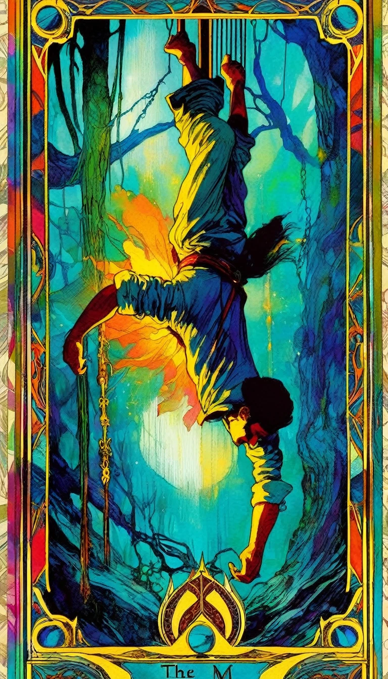 ((tarot card)) THE HANGED MAN ((card frame)), (man hanging upside down ) work by Bill Sienkiewicz, vivid colors, intricate details, oil.