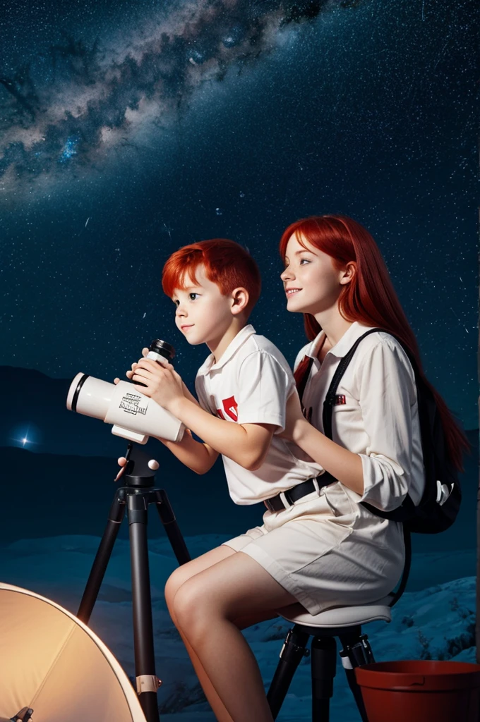 Red-haired girl with white skin winged by a boy watching the stars with a telescope