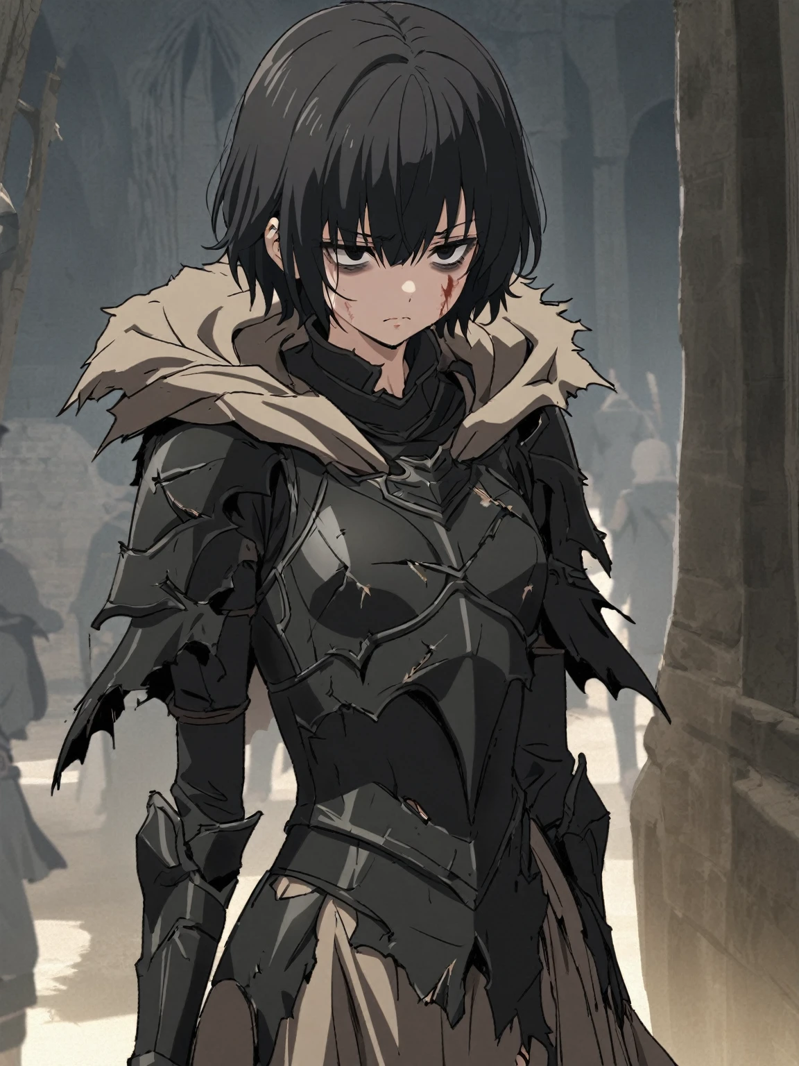 {{upper body}} {{Artist: sincos}} 1girl,cowboy shot, small breasts, short bangs, hair over eyes, skinny, (very short hair:1.3), black hair, black eyes, short hair, serious, bags under eyes, wolf cut, full armor, black armor, light brown cape, torn cape, broken armor, long sleeves, bloodied clothes, blood, scars, tall woman, lips, pov, medieval fantasy.
