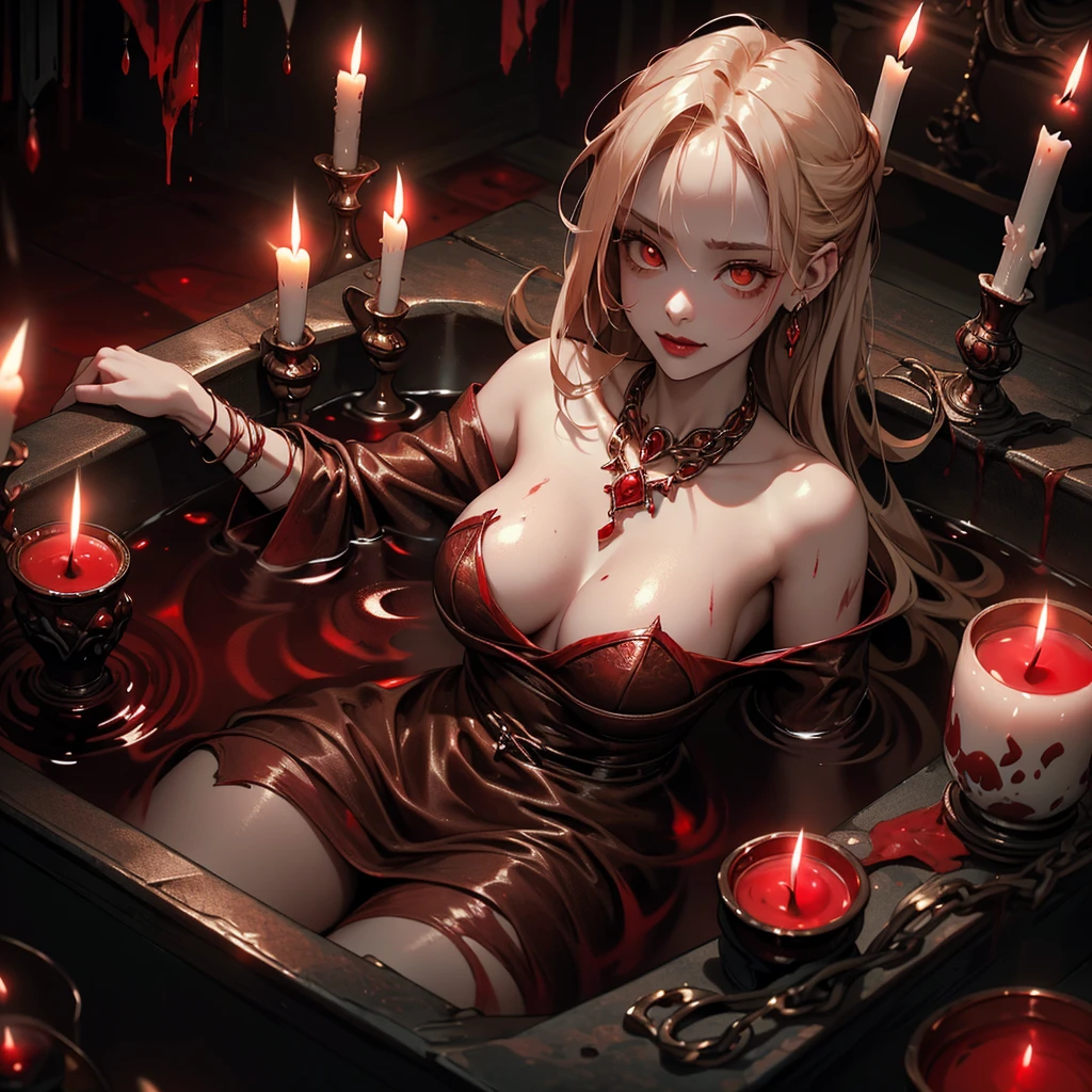 in the background skulls with lit candles, bloodbath girl with tied up blonde hair, yellow eyes, very pale skin, covered in blood, bathing in a tub of vibrant red blood, with medium breasts, white dress stained with blood, necklace gold on the neck. demon face, slight smile, macabre full of blood, scary image. around lit candles illuminating, in the background skulls with lit candles. the red blood from the bathtub partially covers her breasts, perfect female body and FullHD, 8K image