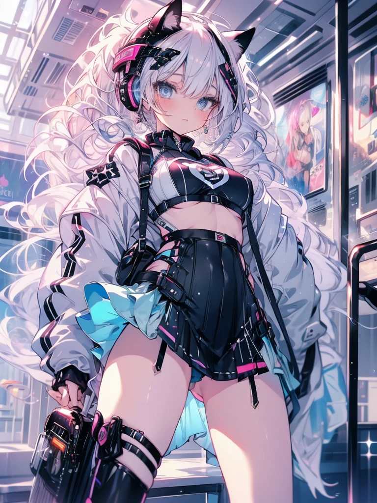 highest quality, masterpiece, long eyelashes, blue eyes punk girl, Dressed in punk clothes, super mini skirt, Sparkling, big breasts, Cat ear, white hair, spread legs, oneesan
