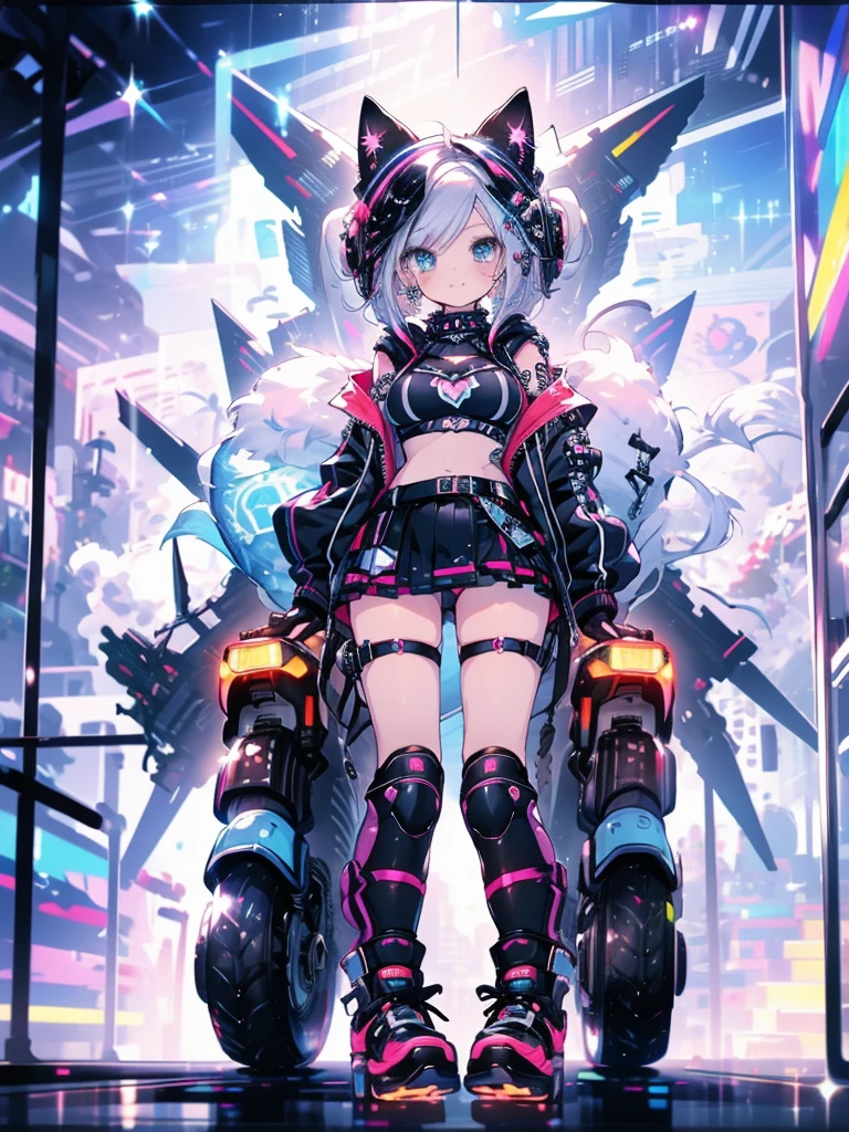 highest quality, masterpiece, long eyelashes, blue eyes punk girl, Dressed in punk clothes, super mini skirt, Sparkling, big breasts, Cat ear, white hair, spread legs, oneesan