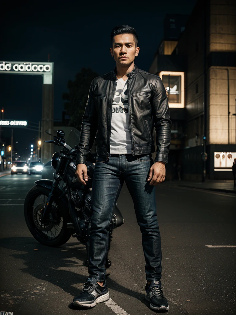 realistic photo of a handsome Indonesian man wearing a black leather jacket, faded jeans and Adidas sports shoes standing in front of a futuristic Harley Davidson motorbike, face looking at the camera, with a nighttime backdrop in the old city of London, showing the entire body of the car, HDR+