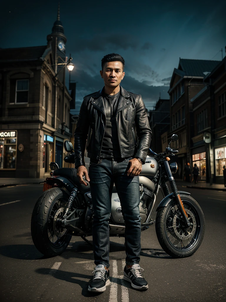 realistic photo of a handsome Indonesian man wearing a black leather jacket, faded jeans and Adidas sports shoes standing in front of a futuristic Harley Davidson motorbike, face looking at the camera, with a nighttime backdrop in the old city of London, showing the entire body of the car, HDR+