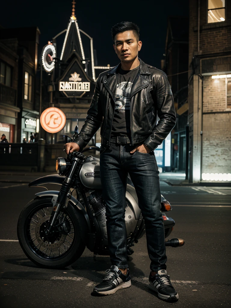 realistic photo of a handsome Indonesian man wearing a black leather jacket, faded jeans and Adidas sports shoes standing in front of a futuristic Harley Davidson motorbike, face looking at the camera, with a nighttime backdrop in the old city of London, showing the entire body of the car, HDR+