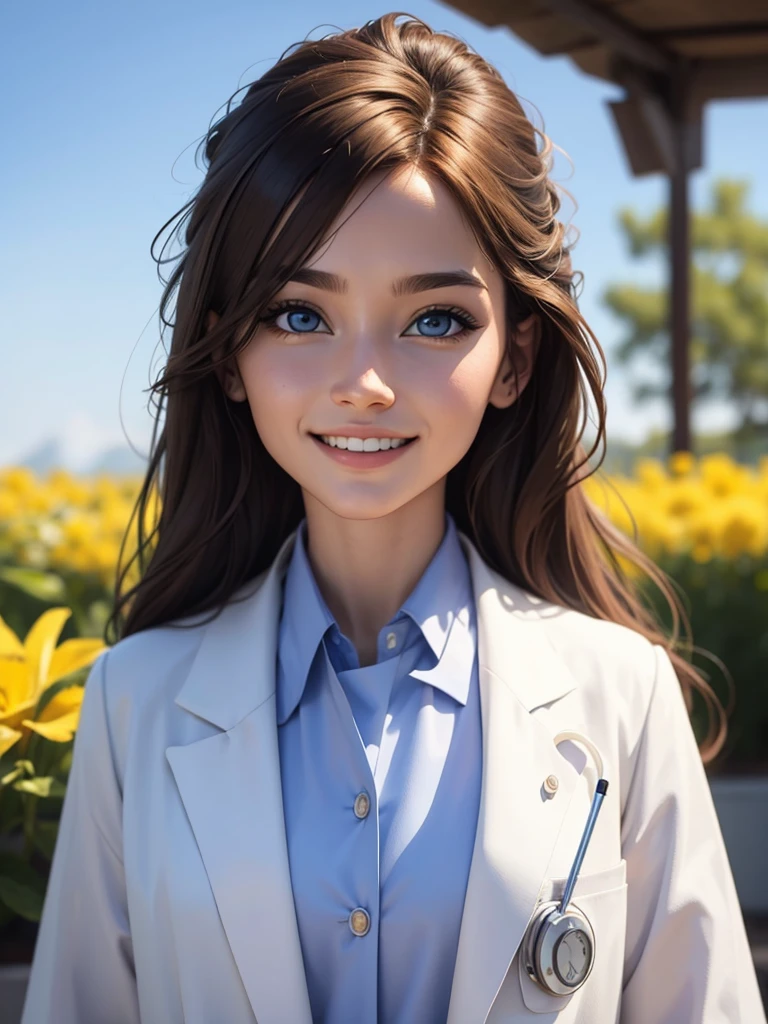 beautiful humanization of medicine, noble young smiling woman in a white medical coat, brown hair, huge light blue eyes full of kindness and happiness, blooming flowers, colors of shadows and light, color scheme, expressive careful detailed drawing, super detailed, delicate natural shades, shine, natural surroundings, beauty, good angle, double exposure, depth, sharpness, captivating haze