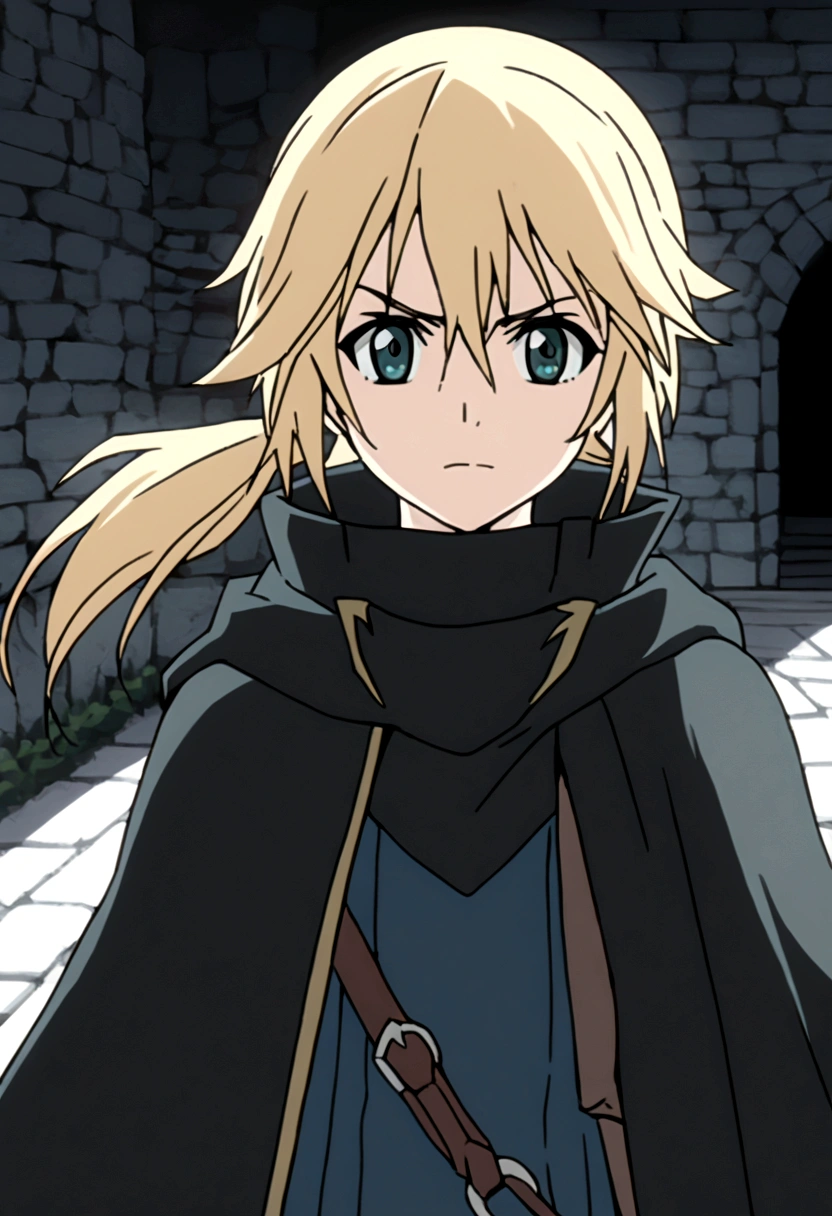Create a 2D manga-style image of a young white woman named Lucina. She is a thief in a medieval RPG setting. Lucina has long blonde hair tied in a ponytail., green eyes and a serious expression. His clothes are green and black.
