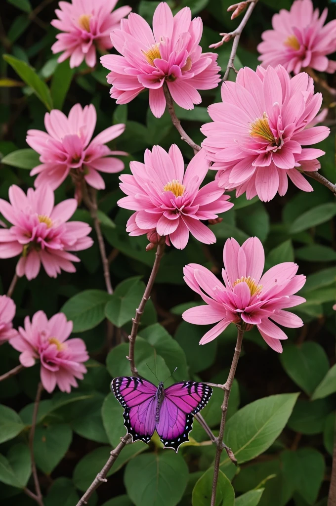 Cinamatic photography of a branch of pink flower on which a beautiful purple butterfly sitting full screen