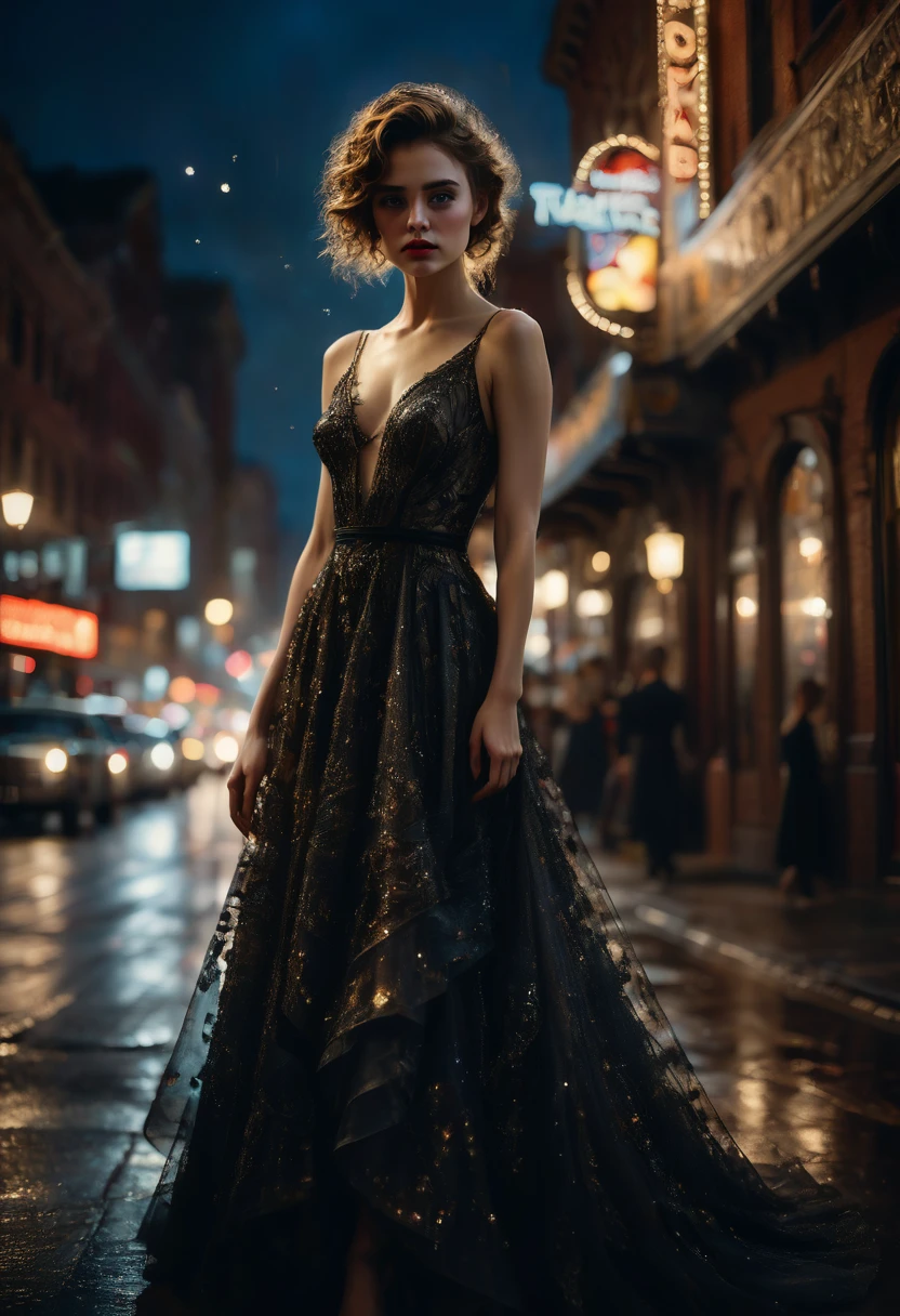 Evening Dress, theater, by Casey Baugh, 35mm photograph, bokeh, best quality, masterpiece, very aesthetic, perfect composition, intricate details, ultra-detailed