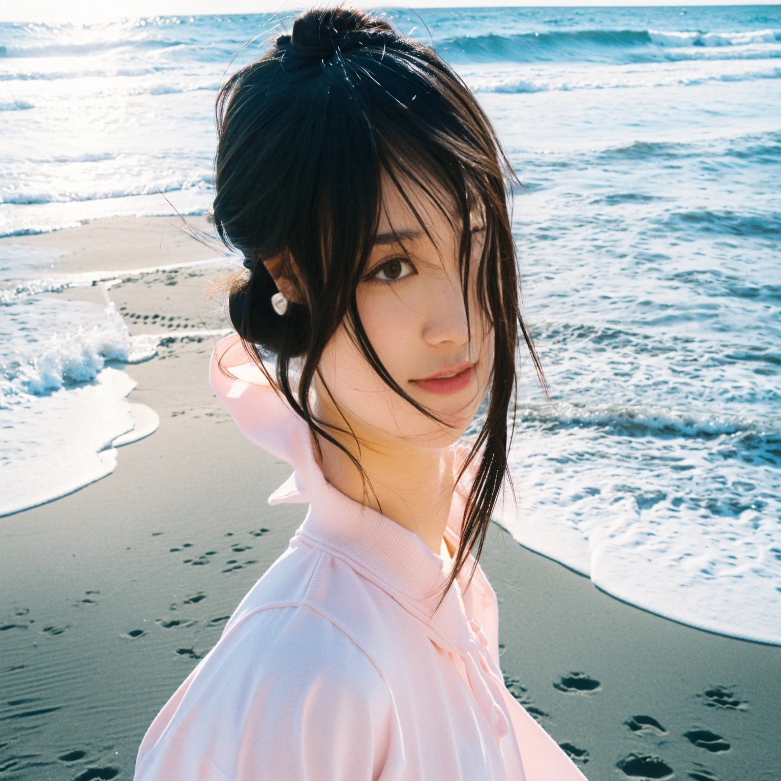 there is a woman that is standing on the beach with her hair in a bun, kotegawa yui, shikamimi, Chiho, Yoshitomo Nara, kimi takemura, ai yazawa, shiori teshirogi, aoshima Chiho, sui ishida with black hair, Yasumoto Oka