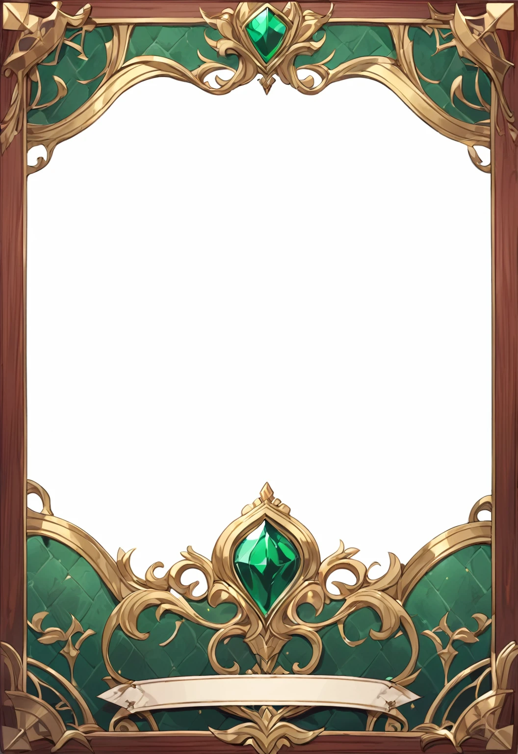 A card border UI,Medieval European aristocracy design,Noble and elegant dark style,Redwood frame,Parchment backing,There are blood stains on it。Deep Red、Emerald Green、Gold main tone。
