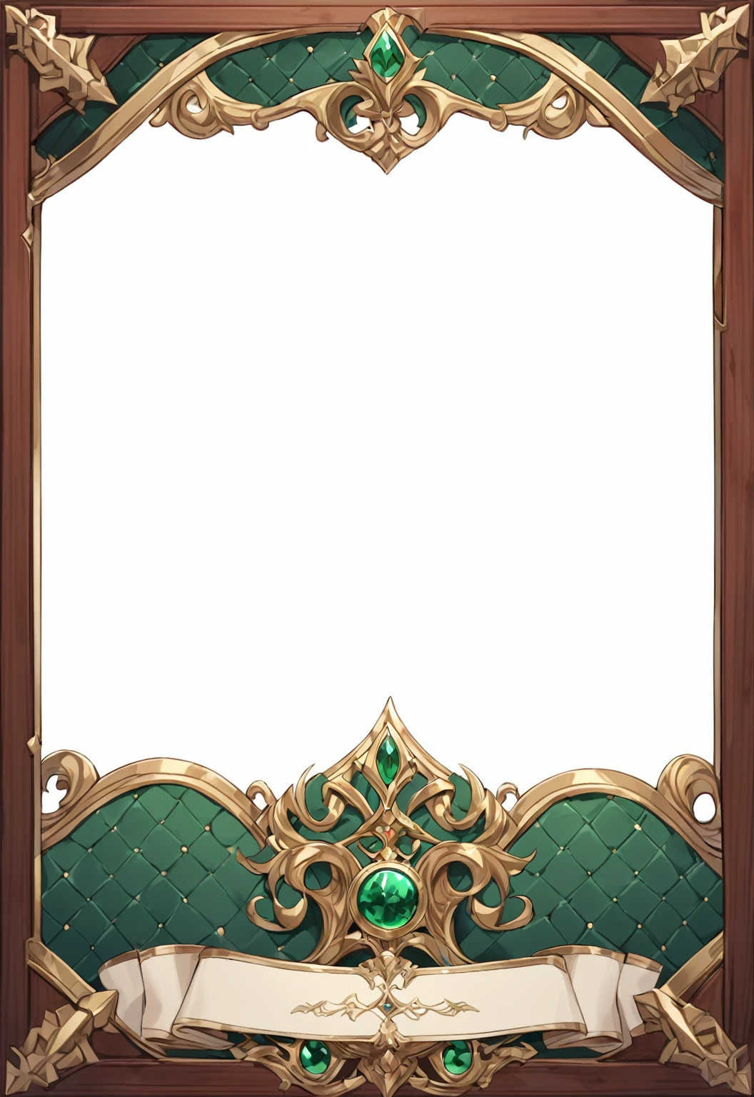 A card border UI,Medieval European aristocracy design,Noble and elegant dark style,Redwood frame,Parchment backing,There are blood stains on it。Deep Red、Emerald Green、Gold main tone。