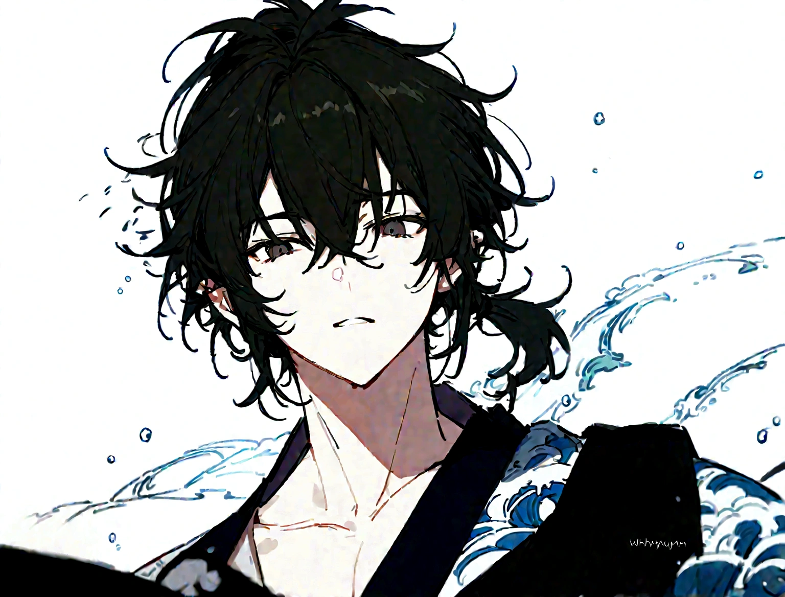 A handsome young man with long brown hair wearing an ancient Japanese robe with a unique design of waves of water and clouds with a slight modern touch,a katana hanging on his waist,the young man has long black hair,his messy hair tied in a ponytail He has a black panters ears and tail