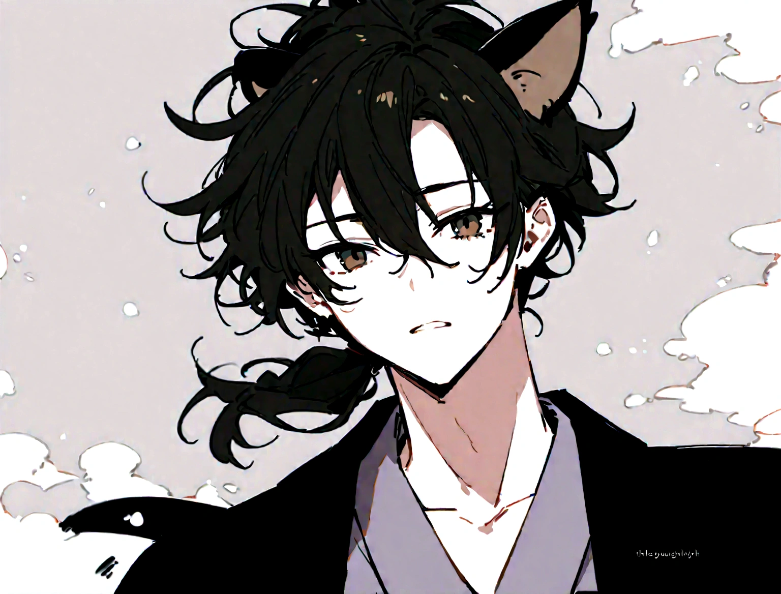 A handsome young man with long brown hair wearing an ancient Japanese robe with a unique design of waves of water and clouds with a slight modern touch,a katana hanging on his waist,the young man has long black hair,his messy hair tied in a ponytail He has a black panters ears and tail