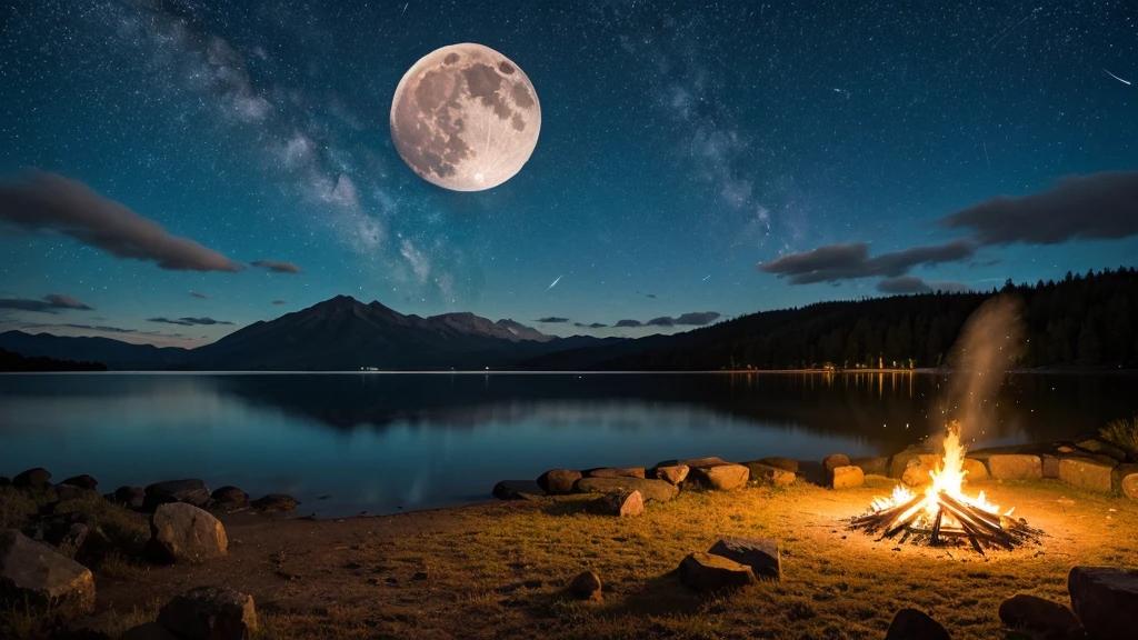 Bonfire full moon shooting star lake