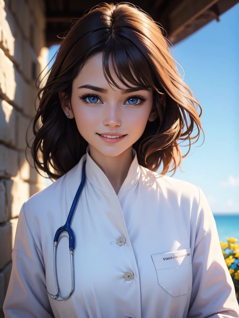 beautiful humanization of medicine, noble young smiling woman in a white medical coat, brown hair, huge light blue eyes full of kindness and happiness, blooming flowers, colors of shadows and light, color scheme, expressive careful detailed drawing, super detailed, delicate natural shades, shine, natural surroundings, beauty, good angle, double exposure, depth, sharpness, captivating haze