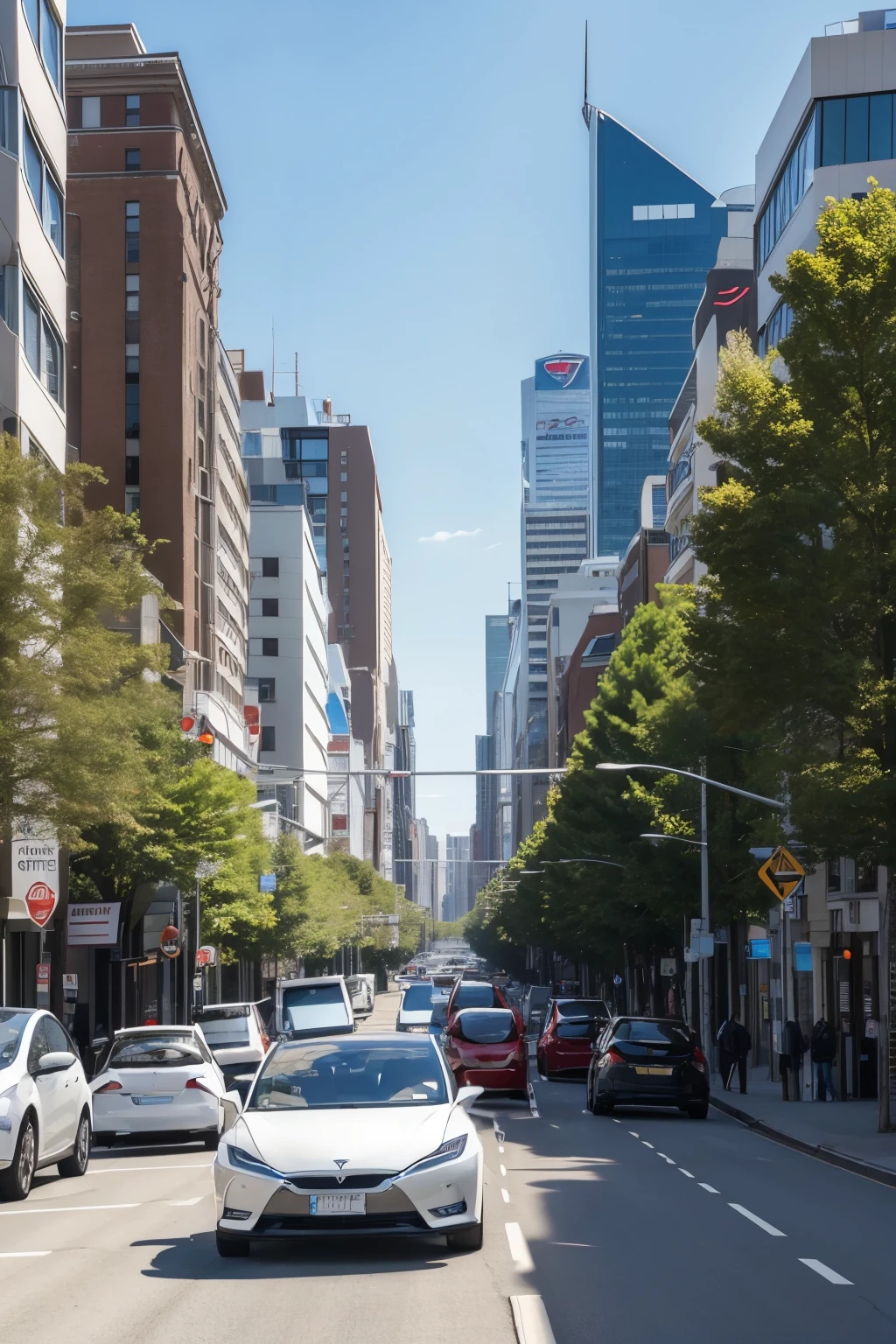 High quality image of modern electric cars like Tesla, Nissan Leaf and others, parading down a busy urban street, With buildings and trees in the background, in a sunny day