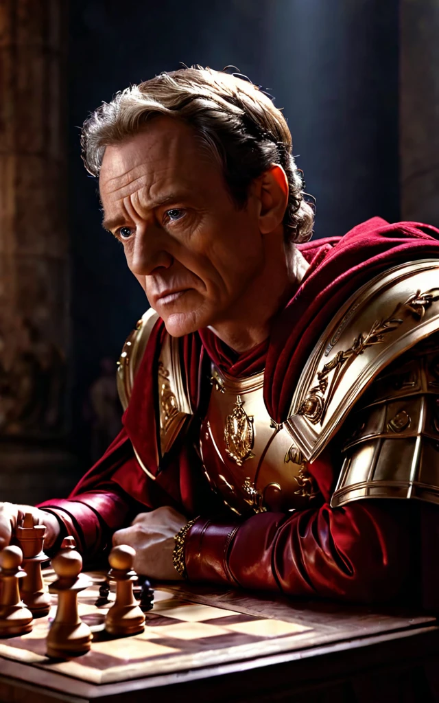 arafed man in armor playing a game of chess, julius caesar, wearing gilded red robes, roman emperor, magneto, inspired by Pogus Caesar, maximus jacobs, inspired by Caesar van Everdingen, portrait shot, caesar, high quality image, christopher lloyd as belial, bryan cranston as thor, arsen lupin as a paladin, background dark, hyper realistic, ultra detailed hyper realistic, photorealistic, Studio Lighting, reflections, dynamic pose, Cinematic, Color Grading, Photography, Shot on 50mm lens, Ultra-Wide Angle, Depth of Field, hyper-detailed, beautifully color, 8k, Detailed background, dark light, twilight lighting, Volumetric lighting, intricate details, ultra high definition,