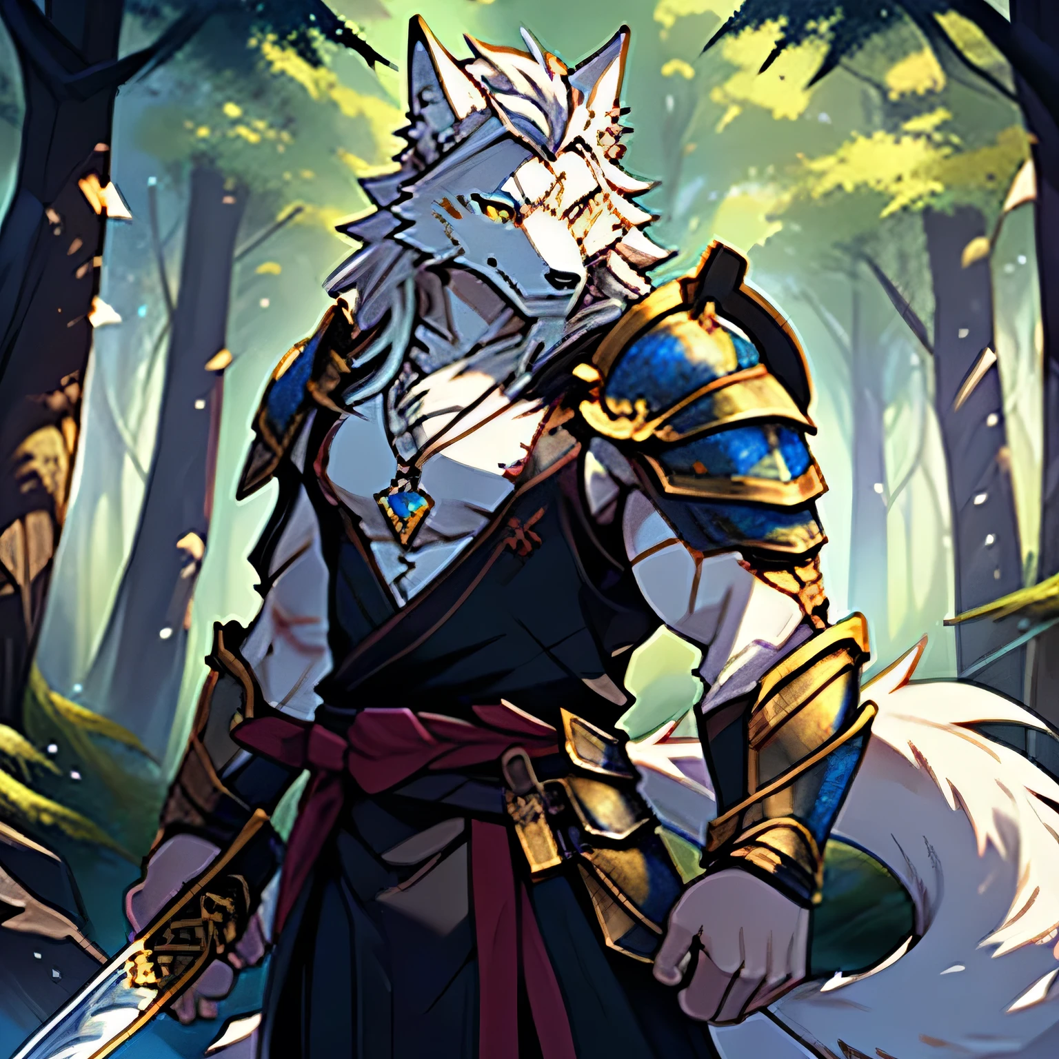 Injuried、、and、Sad eyes、Wound、armor、Long Sword、hairy、masterpiece、Anthropomorphic white wolf，Dragon-like golden eyes，Pure white hair，Tail，Wolf head pendant，forest