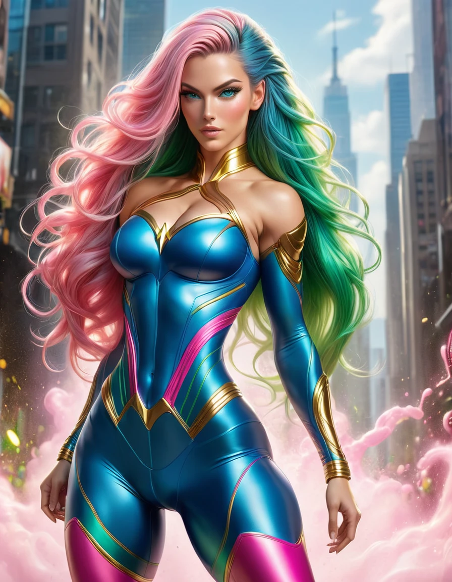 GORGEOUS superhero WOMAN , TALL WOMAN BODY, TALL WOMAN, STRONG CURVY ATHLETIC BODY, MUSCLES, BLUE PINK COSTUME, THONG BODYSUIT, GOLD DETAILS, EXPOSED GORGEOUS THIGHS, SWEATY GLUTES, STRONG GLUTES, GOLD TENIS, GOLD GAUNTLETS, HUGE LONG BLUE GREEN PINK HAIR, HAIR, BRAIDED HAIR STYLE, EXPRESSIVE LIGHT GRAY EYES, HIGH CHEEKBONE, ROSY CHEEKS, STRAPLESS BODYSUIT, FULL BODY PERSPECTIVE, SIDE BODY VIEW, WAR CENARY, SENSUALITY, MITHOLOGY, MASTERPIECE