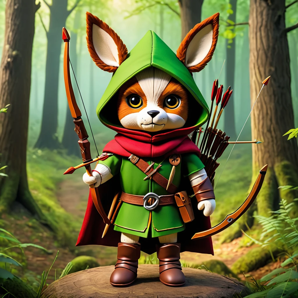 (knitted toy voodoo doll:1.2), (Voodoo Robin Hood:1.3), (Medieval clothing, quiver with arrows, hood:1.0), (Sherwood Forest in the background, shelter in the trees, archery targets:1.2), best quality, masterpiece, detailed soft oil painting, detailed background, dramatic cinematic lighting, soft edge lighting, professional, dramatic lighting, hard edge lighting, ultra quality, 4k, masterpiece, best quality, 8k, ultra high definition, high resolution, extremely detailed