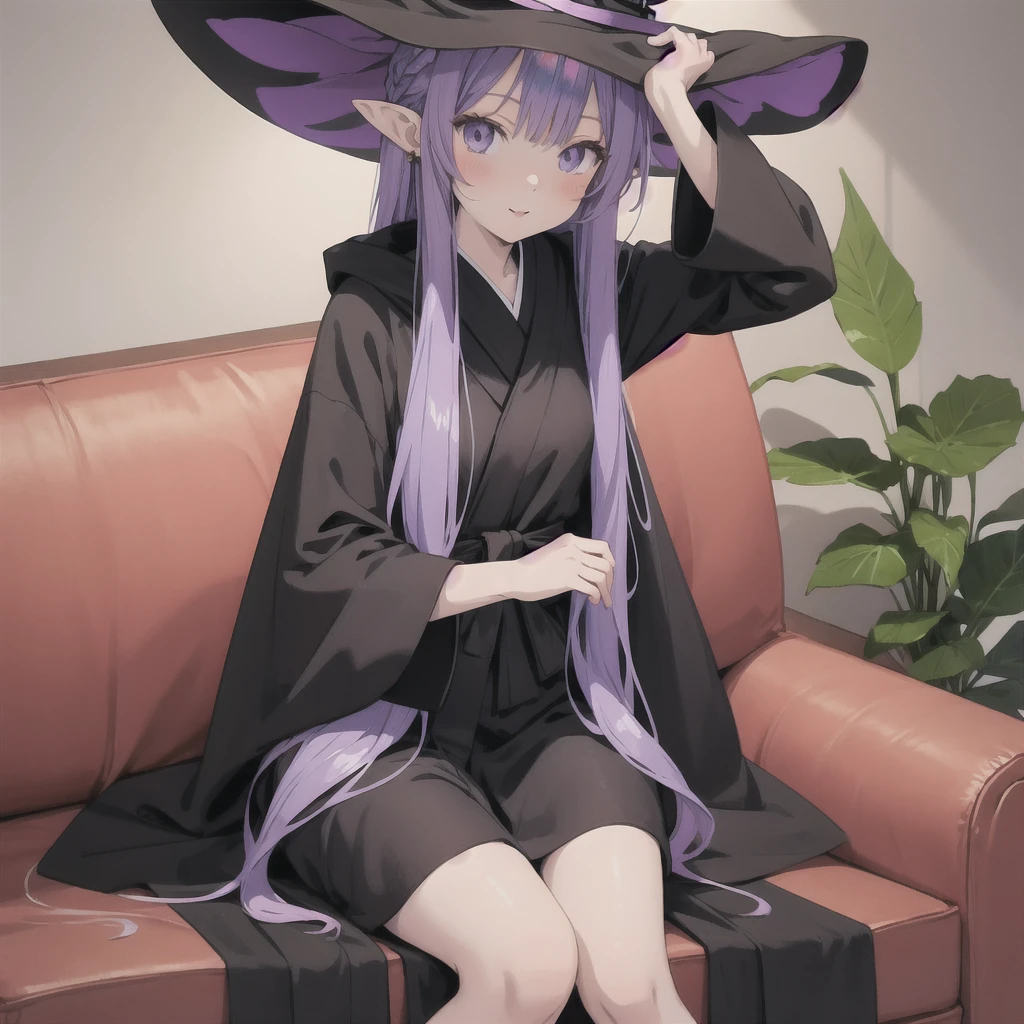 anime girl long purple hair wearing a black Robe. she has pointy ears. Witch Hat. Manga kawaii. iridescent ,An illustration, Sit on the sofa, (no background)